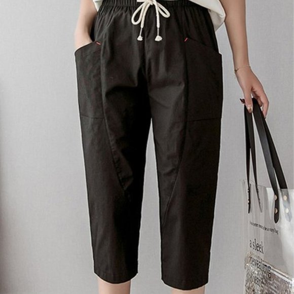 Pants - Black Drawstring-Waist Pocket Crop Pants